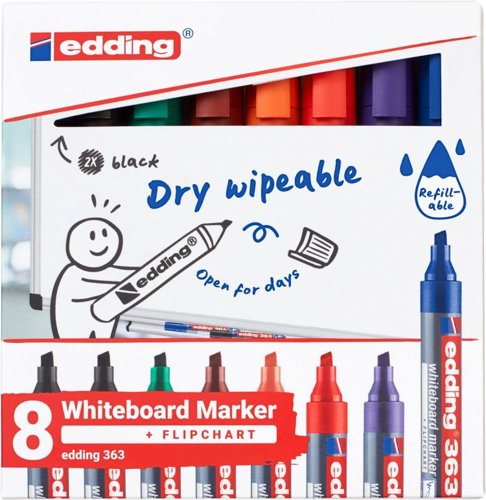 34469J | If someone forgets to put the cap back on the whiteboard marker, it can often dry out, making it tough or impossible to write with. This can be a concern for those who use whiteboard markers on a daily basis. However, the edding 363 whiteboard marker is an exception to this problem. It can be left without a cap for several days without drying out. Furthermore, when using this marker, there is no residue left behind after dry wiping.The edding 363 features quick-drying and lightfast ink, as well as a chisel nib for drawing fine lines or marking broader areas. This makes it the perfect tool for busy professionals who require high-quality equipment to stay focused on important tasks. Additionally, this whiteboard marker can be used on other non-porous surfaces such as enamel, glass, or melamine.