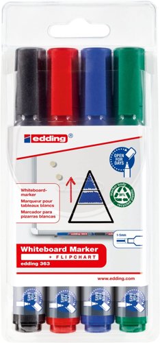 34470J | If someone forgets to put the cap back on the whiteboard marker, it can often dry out, making it tough or impossible to write with. This can be a concern for those who use whiteboard markers on a daily basis. However, the edding 363 whiteboard marker is an exception to this problem. It can be left without a cap for several days without drying out. Furthermore, when using this marker, there is no residue left behind after dry wiping.The edding 363 features quick-drying and lightfast ink, as well as a chisel nib for drawing fine lines or marking broader areas. This makes it the perfect tool for busy professionals who require high-quality equipment to stay focused on important tasks. Additionally, this whiteboard marker can be used on other non-porous surfaces such as enamel, glass, or melamine.