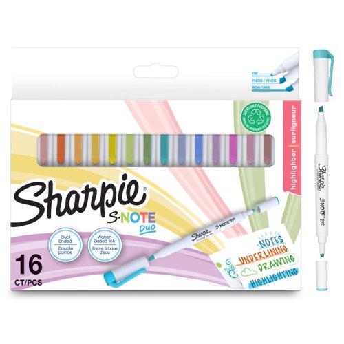 34488J | *** CLEARANCE ITEM - LIMITED STOCK AVAILABILITY AT THIS PRICE ***Ignite your imagination with Sharpie S-Note Duo dual-tip creative markers. Adaptable and fun, they’re both a highlighter and a creative marker, adding a splash of colour to note-taking, underlining, highlighting, drawing and more. One end of these colouring markers is a fine bullet tip, while the other is a versatile chisel tip, letting you easily switch between fine lines and broad strokes. Meanwhile, the no-bleed ink keeps your work looking clean. Unleash your creativity with Sharpie S-Note!