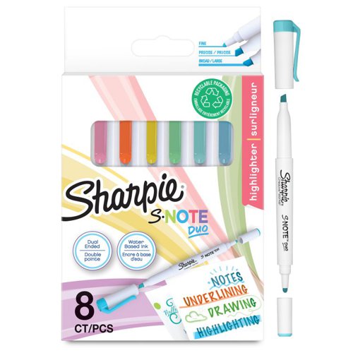 Ignite your imagination with Sharpie S-Note Duo dual-tip creative markers. Adaptable and fun, they’re both a highlighter and a creative marker, adding a splash of colour to note-taking, underlining, highlighting, drawing and more. One end of these colouring markers is a fine bullet tip, while the other is a versatile chisel tip, letting you easily switch between fine lines and broad strokes. Meanwhile, the no-bleed ink keeps your work looking clean. Unleash your creativity with Sharpie S-Note!