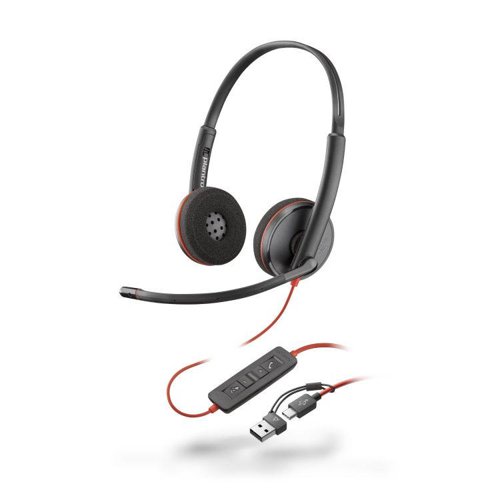 The Blackwire 3200 Series is a top-quality headset designed to meet the needs of enterprise users. It boasts a sleek design and a flexible microphone boom that can be adjusted to fit your preferences.With this headset, you can enjoy high-quality audio that meets Poly's standard. It provides PC wideband, a noise-canceling microphone, and hi-fi stereo sound options. The dynamic EQ feature optimizes call quality and automatically adjusts the settings for multimedia playback.This headset is perfect for managing calls on your PC, mobile phone, or tablet. It is also incredibly comfortable and durable, thanks to its lightweight metal headband that offers a custom fit. The leatherette ear cushions can fold flat for easy storage and portability, so you can take it with you wherever you go.Included in the box:Headset; USB Type-C cable; User guide; USB Type-C to USB Type-A adapter