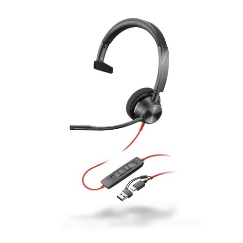 HP Poly Blackwire 3310 USB UC Monaural Headset with USB-A and C Adaptor