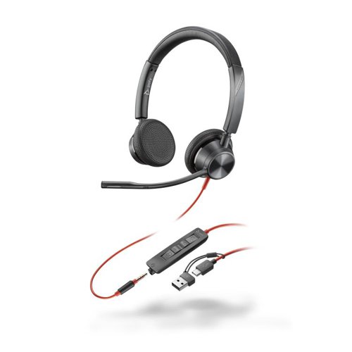 HP Poly Blackwire 3325 3.5mm and USB UC Stereo Headset with USB-A to C Adaptor