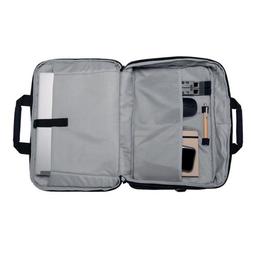 35049J | For professional commuters looking for an affordable travel-friendly carrying case made from sustainable materials, the EQ Laptop Carrying Case is the ideal solution.Using 23 x 250ml plastic bottles, the case is made from 52% post-consumer recycled (PCR) polyester. Modern and travel-friendly, the carrying case accommodates up to 16” laptops (including 15.6” notebooks) and includes a padded compartment. A zippered front compartment and multiple pockets offer easy access to files and accessories.A padded shoulder sling strap delivers support for your neck and shoulders, together with a trolley strap for simple attachment to rolling luggage. The clamshell design simplifies security screening.