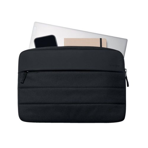 35054J | EQ laptop sleeves are the ideal solution for professional commuters looking for an affordable, travel-friendly carrying sleeve made from sustainable materials. This sleeve provides an internal padded compartment to protect your laptop or tablet. Includes a front zippered compartment for your peripherals and easily fits into Kensington EQ Laptop Backpacks or Laptop Carrying Cases.8 x 250ml plastic bottles were transformed into PET polyester yarn to create this sleeve - 60% of the overall product is post-consumer recycled (PCR) polyester.Affordable value-for-money solutions designed to protect laptops and tablets from scratches, bumps and drops.