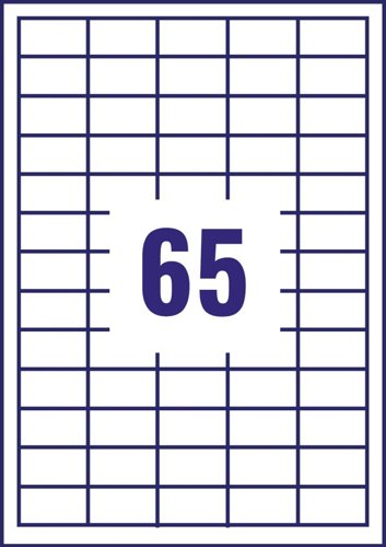 35299J | Avery Multipurpose labels are compatible with all printers including copiers, and now come with NEW UltraGrip™ varnish technology!UltraGrip™ technology was designed to give you absolute confidence that you put only the highest quality product through your printers. The blue bar on the top, bottom and sides of the back sheet have varnish dots to ensure the printer feeds the label sheet correctly.Printers aren’t perfect, so to ensure you get the best results, select ‘labels’ as the media type, and also use the multipurpose tray to load the sheets, as we always recommend when using our labels.The label format is 38.1 x 21.2 mm with 65 labels per sheet and are ideal for all sorts of applications.Print your labels with the FREE Avery Design & Print online label creator. Visit www.avery.co.uk/print
