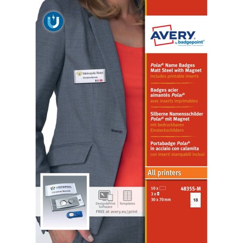 Avery 4835S-M Polar Name Badges - Matt Steel with Magnet