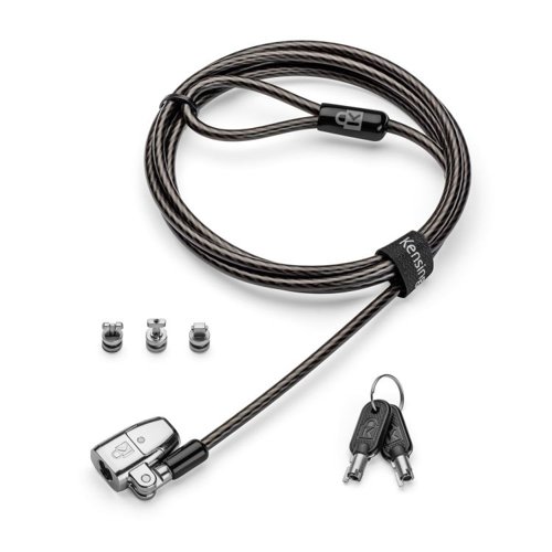 35508J | The ClickSafe® 2.0 3-in-1 Keyed Laptop Lock fits any laptop with a Standard T-Bar, Wedge-Shaped or Nano security slot, allowing it to be locked down, regardless of brand or generation.The master keyed option allows administrative access for IT managers, while simplifying key management. Features include patented anti-pick Hidden Pin™ technology, ClickSafe® locking technology allowing the lock head to be attached with one hand in a single click, a cut-resistant carbon-steel cable, a pivoting and rotating head for flexible movement and easy key insertion, Register & Retrieve™ for quick, secure and easy key replacement, together with a five-year warranty backed by Kensington.