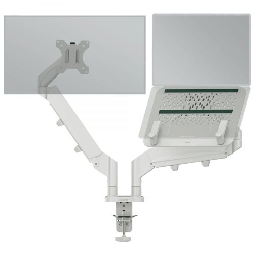 Leitz Ergo Space-Saving Dual Monitor and Laptop Arm Light Grey Laptop / Monitor Risers 35706J Active Group  | Business Supplies. Workwear. Furniture. Promotional Merchandise. Business Technology