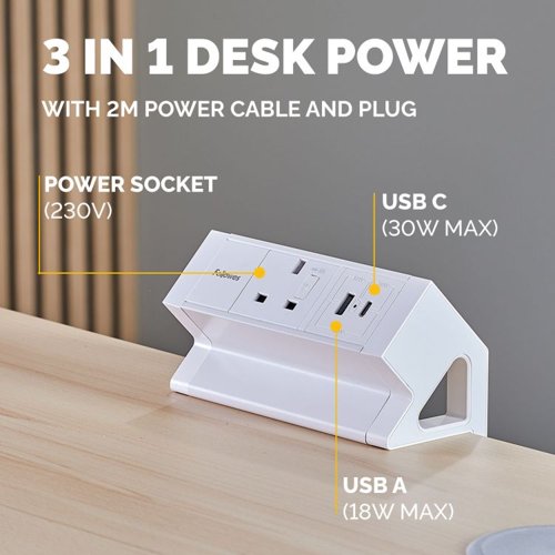 Fellowes Power Desk 1 Socket, 1 USB-A and 1 USB-C Ports White
