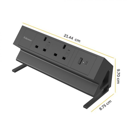 Fellowes Power Desk 2 Sockets, 1 USB-A and 1 USB-C Ports Black