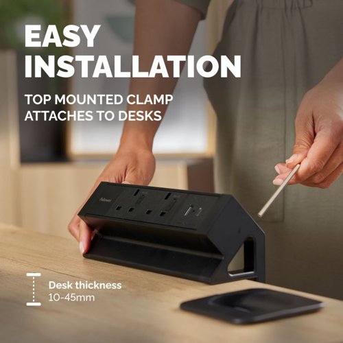 Fellowes Power Desk 2 Sockets, 1 USB-A and 1 USB-C Ports Black