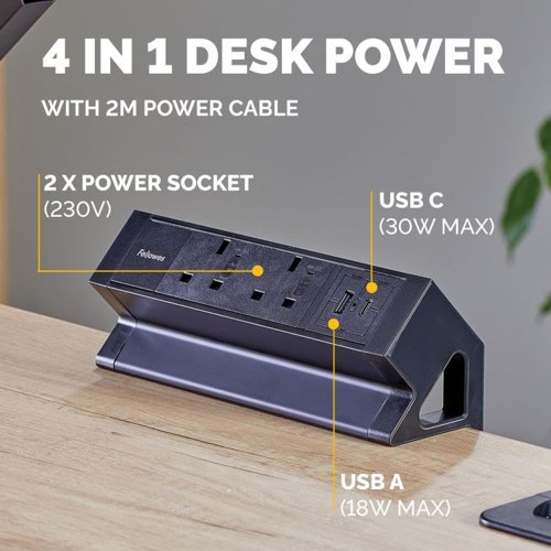 Fellowes Power Desk 2 Sockets, 1 USB-A and 1 USB-C Ports Black