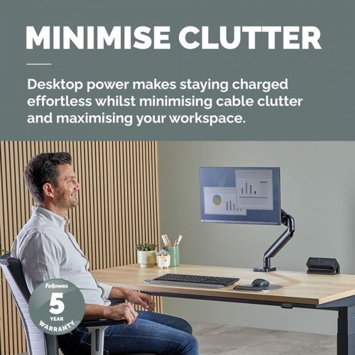 Fellowes Power Desk 2 Sockets, 1 USB-A and 1 USB-C Ports Black