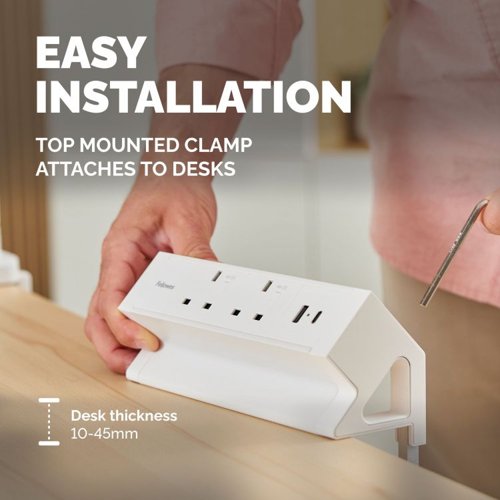 Fellowes Power Desk 2 Sockets, 1 USB-A and 1 USB-C Ports White