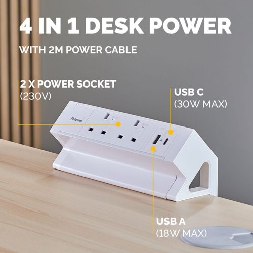 Fellowes Power Desk 2 Sockets, 1 USB-A and 1 USB-C Ports White