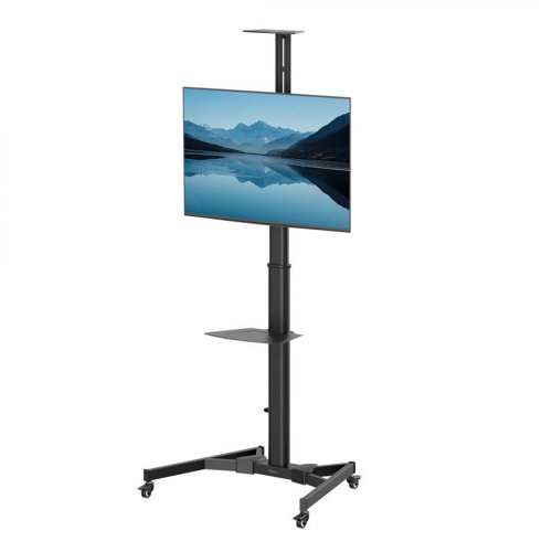 35822J | Designed for dynamic work environments, this portable TV stand is ideal for presentations, video conferencing, and collaborative setups. Its sleek, space-efficient design supports screens up to 70in and 50kg, combining robust stability with modern aesthetics. Mobility is effortless thanks to four heavy-duty casters, each equipped with a locking mechanism to keep the stand securely in place when needed. A smooth crank handle allows for height adjustments across a 40cm range, making it easy to tailor the viewing angle to your space. The stand also offers flexible screen positioning, with support for both portrait and landscape orientations and a 20° tilt to reduce glare and improve visibility. Integrated cable management keeps wires neatly tucked away, while two built-in shelves provide convenient storage for AV components, helping you maintain a clean and organised setup.