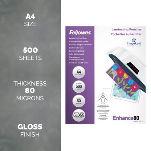 Fellowes A4 Laminating Pouches Gloss Finish 500 Sheets 80 Micron High Quality Finish
