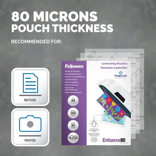 Fellowes A4 Laminating Pouches Gloss Finish 500 Sheets 80 Micron High Quality Finish