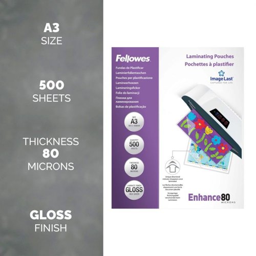 Fellowes A3 Laminating Pouches Gloss Finish 500 Sheets 80 Micron High Quality Finish