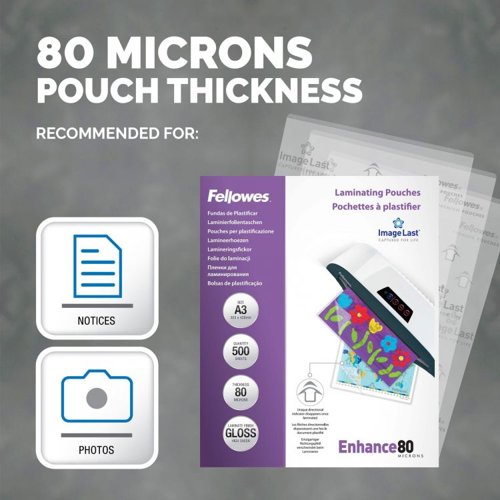 Fellowes A3 Laminating Pouches Gloss Finish 500 Sheets 80 Micron High Quality Finish