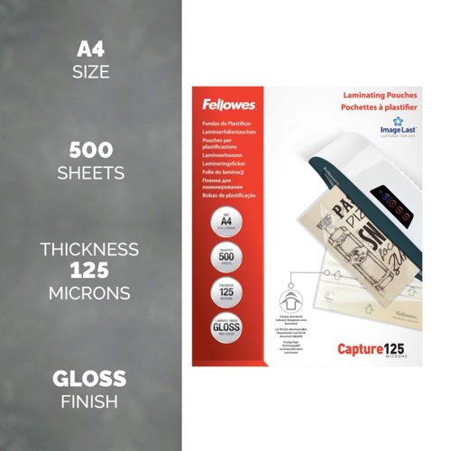 Fellowes A4 Laminating Pouches Gloss Finish 500 Sheets 125 Micron High Quality Finish