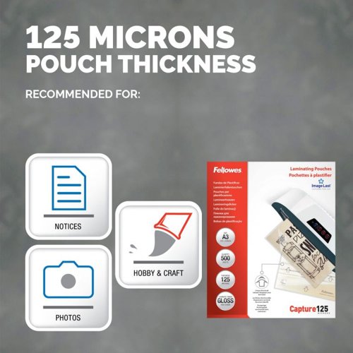 Fellowes A3 Laminating Pouches Gloss Finish 500 Sheets 125 Micron High Quality Finish