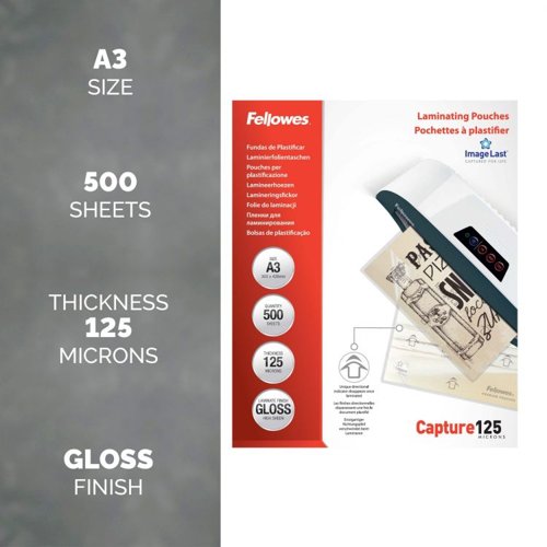Fellowes A3 Laminating Pouches Gloss Finish 500 Sheets 125 Micron High Quality Finish
