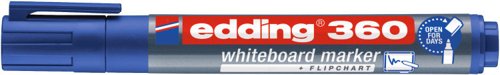 35989J | If you are someone who frequently uses whiteboards, you may have experienced the problem of forgetting to reattach the cap of a marker after a busy meeting or while being on the run. But with the edding 360 whiteboard marker, you won't have to worry about it anymore. You can leave the cap open for several days without the ink drying out, making it convenient to use at any time. Additionally, the marker's ink can be wiped off easily from any whiteboard without leaving any residue behind.This marker is not limited to whiteboards only, as it writes perfectly on other smooth and non-porous surfaces like glass, enamel or melamine. It has a round nib that provides an even stroke, dries quickly and is also lightfast. Overall, the edding 360 whiteboard marker is a reliable solution for anyone who frequently uses whiteboards or similar surfaces.
