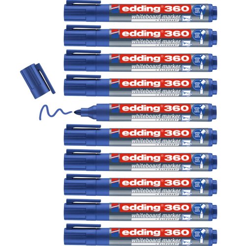 35989J | If you are someone who frequently uses whiteboards, you may have experienced the problem of forgetting to reattach the cap of a marker after a busy meeting or while being on the run. But with the edding 360 whiteboard marker, you won't have to worry about it anymore. You can leave the cap open for several days without the ink drying out, making it convenient to use at any time. Additionally, the marker's ink can be wiped off easily from any whiteboard without leaving any residue behind.This marker is not limited to whiteboards only, as it writes perfectly on other smooth and non-porous surfaces like glass, enamel or melamine. It has a round nib that provides an even stroke, dries quickly and is also lightfast. Overall, the edding 360 whiteboard marker is a reliable solution for anyone who frequently uses whiteboards or similar surfaces.