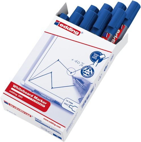35989J | If you are someone who frequently uses whiteboards, you may have experienced the problem of forgetting to reattach the cap of a marker after a busy meeting or while being on the run. But with the edding 360 whiteboard marker, you won't have to worry about it anymore. You can leave the cap open for several days without the ink drying out, making it convenient to use at any time. Additionally, the marker's ink can be wiped off easily from any whiteboard without leaving any residue behind.This marker is not limited to whiteboards only, as it writes perfectly on other smooth and non-porous surfaces like glass, enamel or melamine. It has a round nib that provides an even stroke, dries quickly and is also lightfast. Overall, the edding 360 whiteboard marker is a reliable solution for anyone who frequently uses whiteboards or similar surfaces.