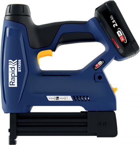 36016J | With the BTX606 staple gun, you can easily assemble wardrobes and cupboards, or install panelling and trimming. The battery-powered Rapid BTX606 is for users who need a powerful and sleek staple gun for narrow crown staples, ideal for materials such as Masonite, plywood and chipboard.The staple gun can also be loaded with Rapid brad nails no. 8, 15–30 mm, for work where brad nails are more suitable, such as trimming. An adjustable driving force with six settings makes it easier to work with different staple and brad nail lengths and various materials. With LED front lighting, you can achieve the desired precision.The BTX606 also has a practical LED indicator that shows the battery’s charge status. Rapid BTX606 is part of Bosch’s battery partnership, POWER FOR ALL ALLIANCE. So you can use the same battery with Rapid’s 18V products as with a number of products from brands like Bosch, Gardena, Gloria and Wagner. We recommend the P4A 2.5 Ah battery, which fires up to 2500 staples per charge.Two strips of 18 mm staples are included.Battery and charger are not included, but sold separately.