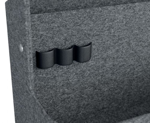 36134J | Our premium Leitz Portable Desk Organiser with Handle makes hot desking easier than ever. As you move from desk to desk, keep your essentials close and your workspace clutter-free with this stylish storage solution.Designed for hot desking and flexible workspaces, this desk tidy features two spacious compartments for storing your office essentials, such as your laptop, compact keyboard, water bottle, notebook, or mobile phone. Additionally, it includes three elastic holders for pens and cables, ensuring everything stays neatly organised and easily accessible. As they say, a tidy desk leads to a tidy mind.This portable office caddy is thoughtfully crafted from durable material made from 100% recycled post-consumer thermo felt and is delivered in plastic-free packaging. Plus, it looks great! The wooden handle adds a natural aesthetic and makes it easy and comfortable to transport. Its minimalist design, combined with an inviting grey velvet finish, keeps you stylish while staying organised on the move.Whether you're in the office, at home, or working in a hybrid setup, this compact desk storage solution is here to make your 9-to-5 easier. Beyond work, it’s also ideal for storing your art and craft supplies or other hobby essentials, with a maximum weight limit of 7.5 kg.Once your workday is done, the Leitz Portable Desk Organiser can easily be stored in a cabinet, locker, or on a shelf, thanks to its dimensions of 38 x 19 x 25.5 cm, freeing up valuable space.Blending home comfort with practical, smart design, our Leitz Portable Desk Organiser with Handle is the perfect addition for your home, office, or school. Stay organised, productive, and stress-free while feeling great at work and beyond.