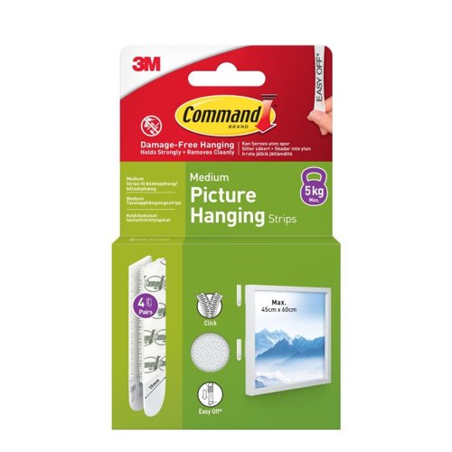 36176J | Command™ Picture Hanging Strips let you decorate how you want, when you want, without damaging your walls and surfaces. Easy to apply, no nails, screws or tools required. The strips lock and relock allowing the frame to be removed and repositioned. A clever decorating solution that doesn't damage surfaces and will help you fearlessly change your space.   A great home improvement item, these picture hanging strips stick on a variety of smooth surfaces without leaving holes, marks or sticky residue. Use these wall hanging strips to hang picture frames, college dorm decor, wooden letters, nursery decor, calendars or even to create a gallery wall. Simply mount these strips on painted walls, finished wood, painted concrete cinder blocks, laminate, glass, metal and tiles and enjoy the damage free hanging of your favourite decorations. Strong and versatile, our picture hanging strips are available in a variety of sizes and pairs per pack to best fit your decor needs, supporting weights up to 9 Kg and frame sizes up to 70 cm x 100 cm, in white or black for utmost discretion in your décor. Directions and warnings are included; follow these closely to use the wall hanging strips as intended.
