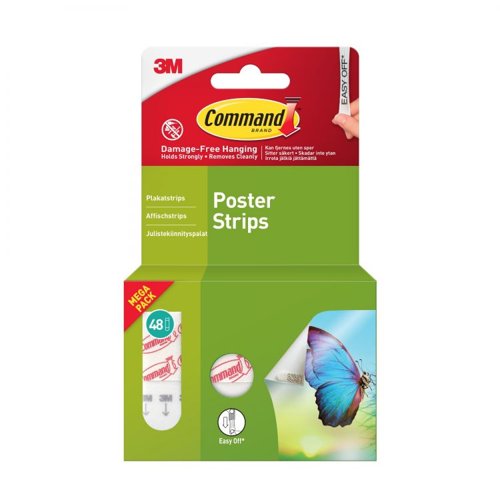 36177J | Command™ Poster Strips let you decorate how you want, when you want, without damaging your walls and surfaces. A great home improvement item, these wall hanging strips stick on a variety of smooth surfaces without leaving holes, marks or sticky residue. Use these wall adhesive strips to hang your favourite photographs, kid’s artwork, banners and signs. Simply mount these no tools poster hanging strips on painted walls, finished wood, painted concrete cinder blocks, laminate, glass, metal and tiles and enjoy the damage free hanging of your favourite poster decorations. Perfect for home renovators and college students, use these Command™ Poster Strips in your home, office, apartment or dorm room to elevate the appearance of your living or working space without tools. Directions are included; follow the directions closely to use the wall hanging strips as intended. Prior to mounting, clean the surface with rubbing alcohol to allow the strips to maintain a strong bond with the surface. Lightly hold the top of the wall hanger strips and slowly pull them straight down towards the floor to remove and prevent surface damage. A clever decorating and organising solution that doesn’t damage surfaces, these poster hanging strips will help you fearlessly change your space.