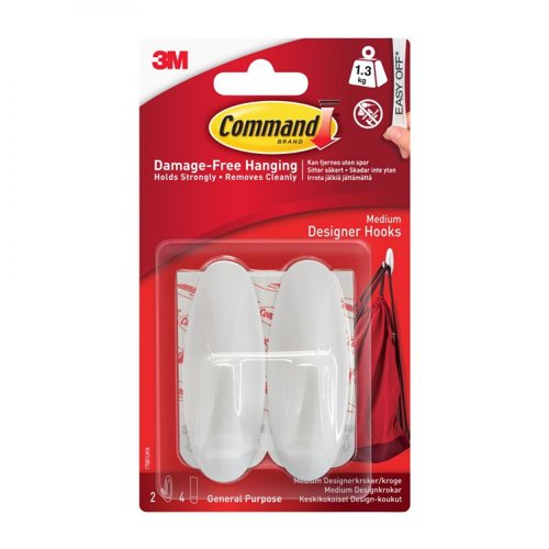 Command Pack of 2 Medium Oval Hooks With Command Strips White Adhesive Pads & Tack 36178J Active Group  | Business Supplies. Workwear. Furniture. Promotional Merchandise. Business Technology
