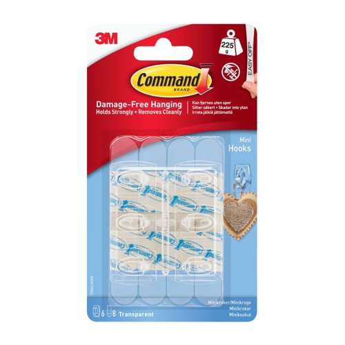 Command Mini Hook Clear 6 Hooks+8 Strips Adhesive Pads & Tack 36179J Active Group  | Business Supplies. Workwear. Furniture. Promotional Merchandise. Business Technology