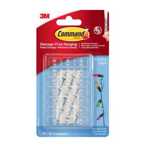 36180J | For effective damage-free hanging indoors, use Command™ Clear Decorating Clips with Clear Strips.   They hold strongly to a variety of surfaces including solid, hollow and painted walls, as well as other materials including wood, tile, metal and glass. They’re easy to apply and remove, leaving no holes, marks or sticky residue.   These clear hooks and strips blend in seamlessly making them suitable for any room in the house or office. Rehanging them is as easy as applying a Command™ Clear Refill Strip, so you can take down, move and reuse them again and again.