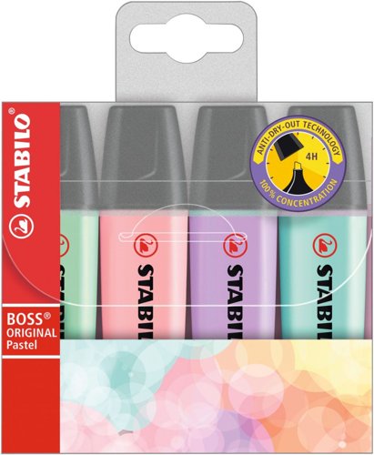 STABILO BOSS ORIGINAL Pastel Highlighter Pack 4 Assorted Colours