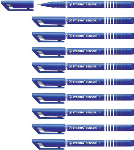 STABILO SENSOR fine Fineliner with Cushioned F-Tip Pack of 10 Blue