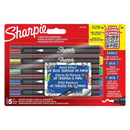 Sharpie Creative Marker Acrylic Paint Bullet Tip Pack of 5 Assorted Colours