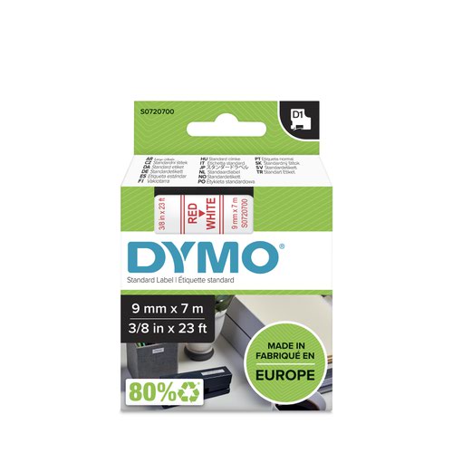 Dymo 40915 D1 9mm x 7m Red on White Tape