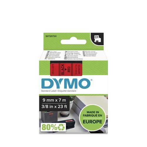 Dymo 40917 D1 9mm x 7m Black on Red Tape