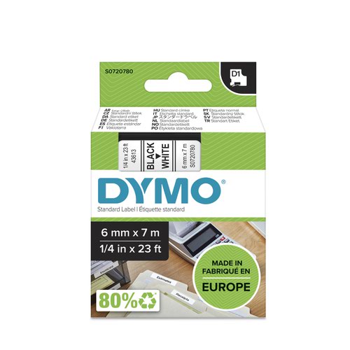 Dymo 43613 D1 6mm x 7m Black on White Tape
