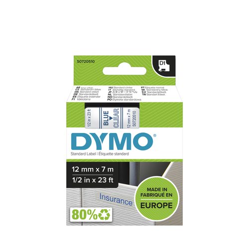 Dymo 45011 D1 12mm x 7m Blue on Clear Tape
