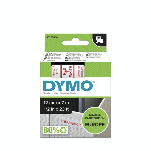 Dymo 45015 D1 12mm x 7m Red on White Tape