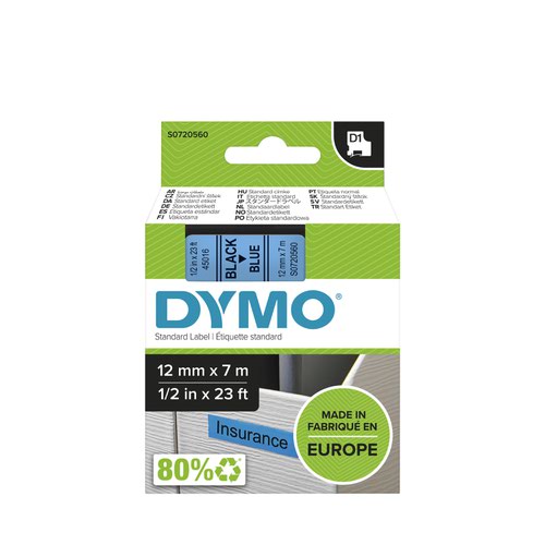 Dymo 45016 D1 12mm x 7m Black on Blue Tape