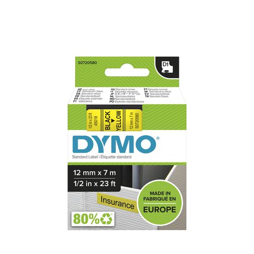 Dymo 45018 D1 12mm x 7m Black on Yellow Tape