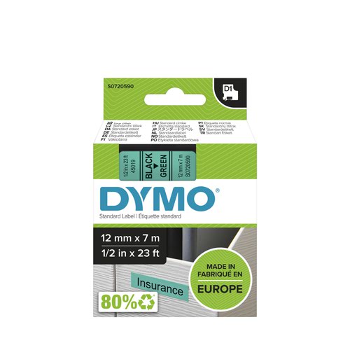 Dymo 45019 D1 12mm x 7m Black on Green Tape