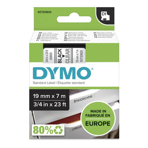Dymo 45800 19mm x 7m Black on Clear Tape